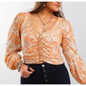 Free People Say The Word Cropped Top Blood Orange Combo Boho Rouched Hippie Sz L